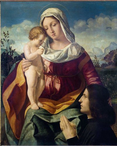A Szűz és a Gyermek, adományozóval - Previtali Andrea festménye (kb. 1480-1528), olaj, vászon alkotó: Andrea Previtali