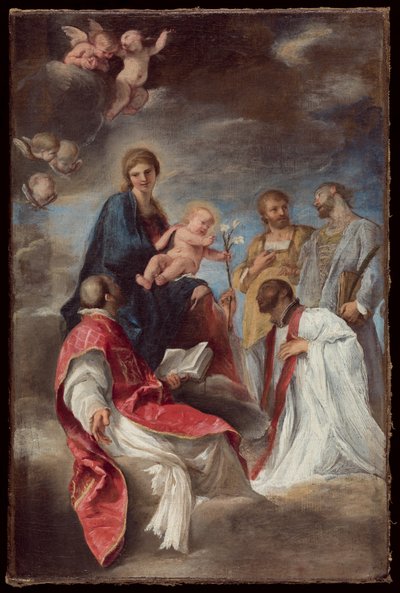 A Madonna és a gyermek Loyolai Ignác szentekkel, Xavér Ferenccel, Cosmasszal és Damianussal alkotó: Andrea Sacchi
