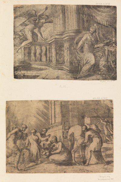 Az Angyali üdvözlet, a Pásztorok imádása, miután kb. 1552 . alkotó: Andrea Schiavone