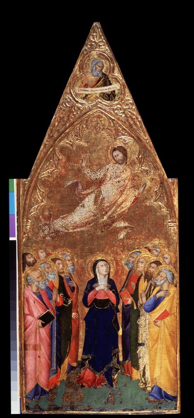 ""Krisztus mennybemenetele"" Alább Szűz Mária és az apostolok, akik Jézus Krisztust figyelik. Fent Jeremiás próféta ábrázolása. Tempera fán, Andrea Vanni (1332-1414) 1355-1360 Méret: 68x28 cm Ermitázs Múzeum, Szentpétervár (Szentpétervár) alkotó: Andrea Vanni