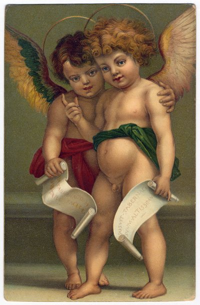 Két angyal. Jámbor kép ANDREA DEL SARTO (1486-1530) festőről, Drezda, 1910 körül (kromolitográfia) alkotó: Andrea del (after) Sarto