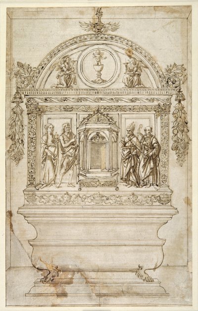 Tervezés egy kápolna oltárához, tabernákulummal az Eucharisztia számára (toll és barna tinta barna mosással fehér papíron) alkotó: Andrea del (follower of) Verrocchio