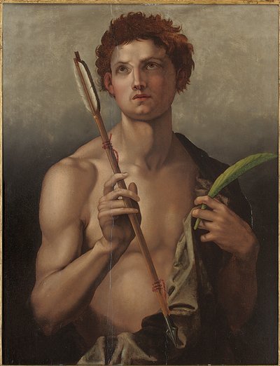 Szent Sebestyén jobb kezében nyíllal, baljában a vértanú tenyerével alkotó: Andrea del Sarto