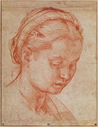 Tanulmány Szent Katalin fejéről Szűz Máriával és a szentekkel a Pitti-palotában, 1523-24 (vörös kréta papíron) (lásd: 379730) alkotó: Andrea del Sarto