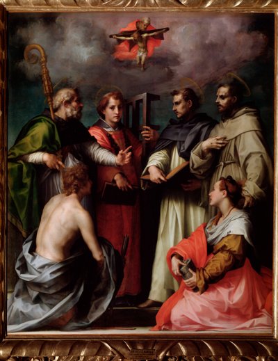A Szentháromság vitája Szent Péterrel, Szent Lőrinccel, Hippói Szent Ágostonnal, Szent Ferenccel, Szent Sebestyénnel, Szent Mária Magdolnával (Festmény, 1517 körül) alkotó: Andrea del Sarto