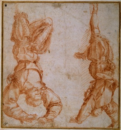 Két tanulmány egy férfiról, akit a bal lábánál fogva felfüggesztett (vörös kréta krémpapíron) alkotó: Andrea del Sarto