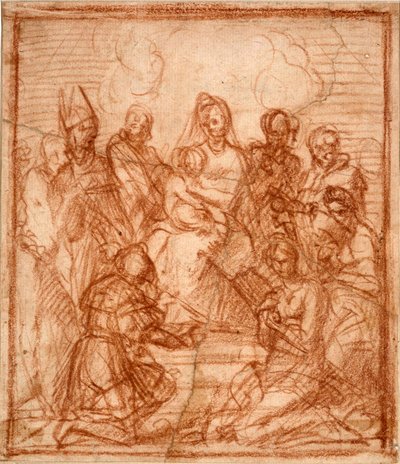 "Madonna és gyermek a trónon nyolc szenttel" (Trónon ülő Madonna gyermekével és nyolc szenttel (Összeállítás tanulmány)) Andrea del Sarto (1486-1531) szangvinikus rajza 1528 Szangvinikus papíron Mérete 15,6x13 ,5 cm Staatliche Museen, Berlin alkotó: Andrea del Sarto