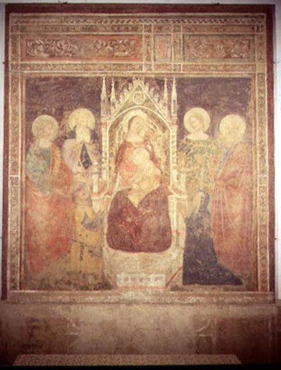Madonna és gyermek SS -sel. Elia, Keresztelő János, Nicolas és Leonard (freskó) alkotó: Andrea di Bonaiuto (fl.1343 77)