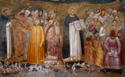 A harcos egyház diadala: Aquinói Tamás az eretnekek előtt és jobbra lent, Fra Dolcino megszaggatta az egyház hivatalos tanát. Spagniards kápolna (a freskó részlete, 1365) alkotó: Andrea di Bonaiuto (fl.1343 77)