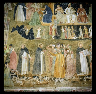 Szent Domonkos elküldi az Úr kopóit, Szent Péter vértanúval és Aquinói Szent Tamással, 1369 körül alkotó: Andrea di Bonaiuto