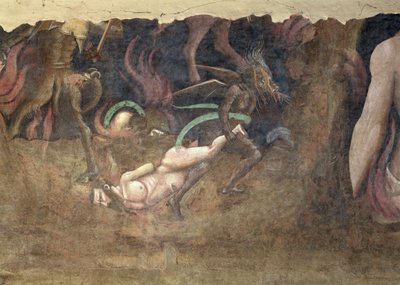 A halál diadala, egy ördög részlete, aki egy bűnöst visz a pokolba, 1348-as freskó alkotó: Andrea di Cione Orcagna
