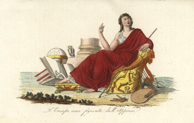 Európa allegorikus alakja a trónon ül lila köntösben könyvekkel, földgömbbel, palettával, jogarral, lírával és bagollyal alkotó: Andrea the Elder (after) Appiani