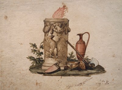 Oszlop alakú kályha, sassal díszített, vágófegyverekkel, csészével és amforával, Andrea Appiani (1754-1817) festménye, Olaszország alkotó: Andrea the Elder Appiani