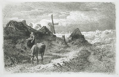 Táj kunyhókkal és szélmalommal alkotó: Andreas Achenbach