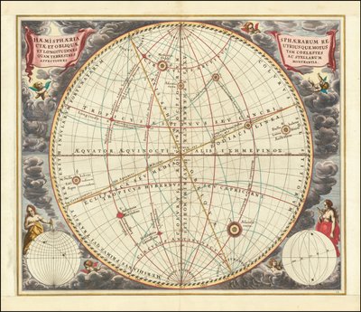 1660-as égtérkép, amely a függőleges gömb (az egyenlítői koordinátarendszer) és a ferde gömb (az ekliptika koordinátarendszer) mozgását szemlélteti. alkotó: Andreas Cellarius
