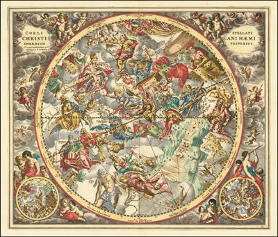 1660-as égi térkép, amely a csillagképeket a keresztény szimbolika szerint ábrázolja. alkotó: Andreas Cellarius