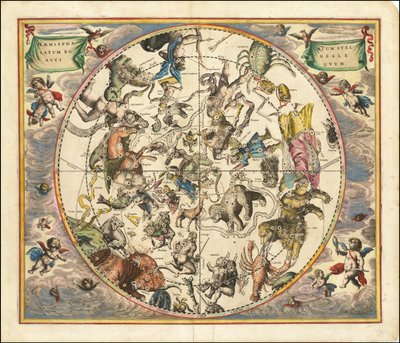 1660-as égi térkép, amely az északi félteke csillagképeit ábrázolja a Föld déli féltekéje fölé helyezve. alkotó: Andreas Cellarius