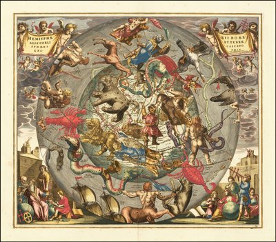 1708. évi égi térkép - Haemisphaerii Borealis Coeli et Terrae Sphaeri Cascenographia alkotó: Andreas Cellarius