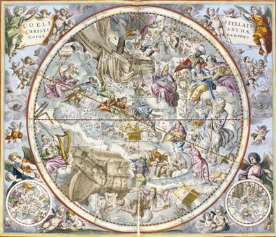 Julius Schiller által ábrázolt keresztény csillagképek térképe Az égi atlaszból vagy a Világegyetem harmóniájából atlas coelestis seu harmonia macrocosmica pub. Joannes Janssonius, Amste alkotó: Andreas Cellarius