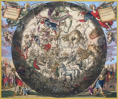 Északi (boreális) félgömb, az "Égi atlasz, vagy a világegyetem harmóniája" című műből, Pieter Schenk (1660-1719) és Gerard Valk (1651-1726) metszete (kézzel színezett metszet). alkotó: Andreas Cellarius