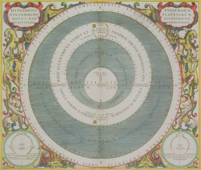 Ptolemaioszi rendszer, "Az égi atlasz, avagy a világegyetem harmóniája" (Atlas coelestis seu harmonia macrocosmica) kocsma. Joannes Janssonius, Amszterdam, 1660-61 (kézzel színezett metszet) alkotó: Andreas Cellarius