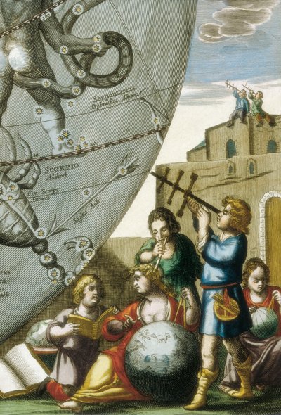 A földgömböket és az égboltot tanulmányozó tudósok (asztrológusok és csillagászok), részlet Andreas Cellarius (1596-1665) Atlas Coelestis seu Harmonia Macrocosmicából alkotó: Andreas Cellarius