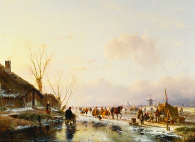 Korcsolyázók egy fülkénél a befagyott folyón, 1850 alkotó: Andreas Schelfhout