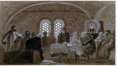 A duma a bojárok idején (boiárok, boirok) (The Boyar Duma). A Kijevi Rusz hercegek tanácsadó testülete I. Mihály orosz cár idejében (1596-1645). Andrej Petrovics Rjabuskin (Riaboutchkine) (1861-1904) munkája, aquare alkotó: Andrei Petrovich Ryabushkin