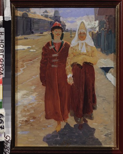 Látogató kirándulás. (Elegáns bojár pár (boiárok, boiárok) hagyományos ruhákban, egy faházakos falu utcáján sétálnak.) Andrej Petrovics Rjabuskin (Riaboutchkine) festménye (1861-1904), olaj, vászon alkotó: Andrei Petrovich Ryabushkin