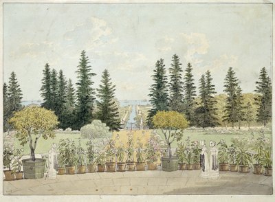 Kilátás az Oranienbaum Palota teraszáról, Lomonoszovban, Szentpétervár agglomerációjában (Kilátás a Nagy Oranienbaum Palota teraszáról). Andrej Jefimovics Martynov (1768-1826) munkája, akvarell papíron alkotó: Andrei Yefimovich Martynov