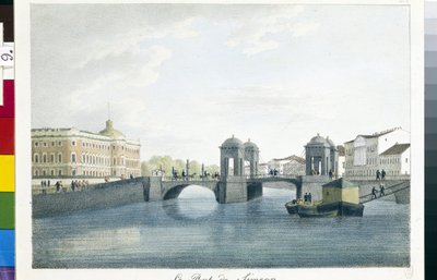 Kilátás a Simeon-hídra Szentpéterváron. (A Simeon-híd Szentpéterváron). Andrej Jefimovics Martynov (1768-1826) litográfiája és akvarellje alkotó: Andrei Yefimovich Martynov