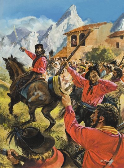 Guiseppe Garibaldi (1807-82) és serege a neopolit királyi csapatokkal vívott csatában (gouache, papír) alkotó: Andrew Howat