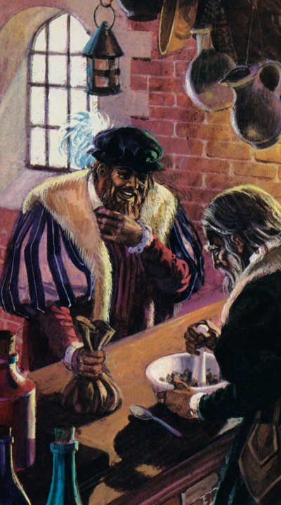 Az egyszarvú porított szarvának vásárlása a középkorban (színes litográfia) alkotó: Andrew Howat