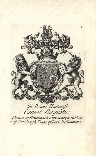 HRH Ernest Augustus, Brunswick Luneburg hercegének, Osnaburgh püspökének, York és Albany hercegének címere és címere alkotó: Andrew Johnston