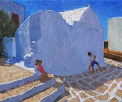 Tücsök a templom falánál, Mykonos (olaj, vászon) alkotó: Andrew Macara