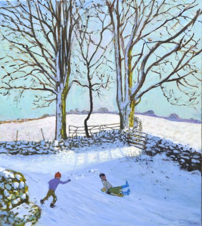 Nagy fák és szánkósok, Derbyshire, 2023 (olaj, vászon) alkotó: Andrew Macara