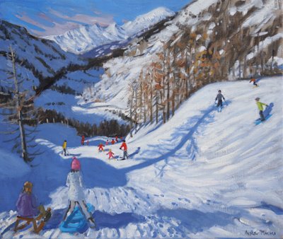 Fenyő árnyéka és síelők Tignes.2014,(olaj, vászon) alkotó: Andrew Macara