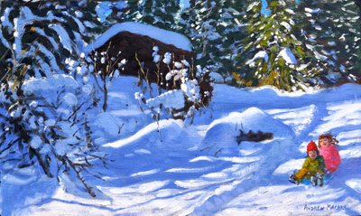 Ketten egy szánon,A gyümölcsös,Morzine,(olaj, vászon) alkotó: Andrew Macara