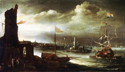 Egy holland hajó horgonyoz Genova kikötője előtt (Olaszország) alkotó: Andries van Eertvelt