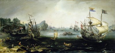 Holland hajók fát rakodnak egy skandináv fjordba. Andries van Eertvelt (1590-1652) olajfestménye. alkotó: Andries van Eertvelt