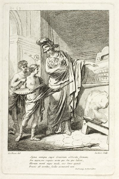 Minerva Tanít egy fiatal művészt, illusztráció a Catalog historique du Cabinethez, Mariette alkotó: Ange Laurent de Lalive de Jully