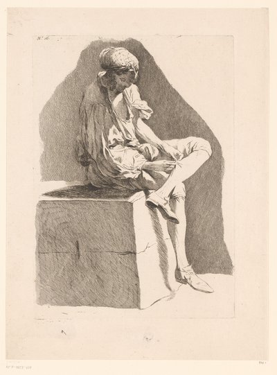 Harisnyát varró fiú karikatúrája Karikatúrák J. Saly után (sorozat címe) Recueil de caricatures dessinées Par J. Saly et Gravées par A.L. DeLalive D.J. (sorozat címe) alkotó: Ange Laurent de, marquis de Rémoville Lalive