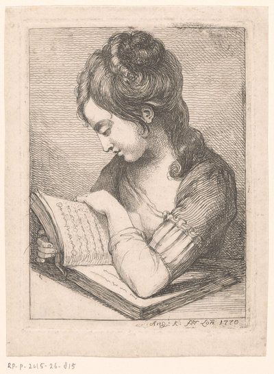 Fiatal nő egy asztalnál olvas, könyökével egy könyvön pihen alkotó: Angelica Kauffmann