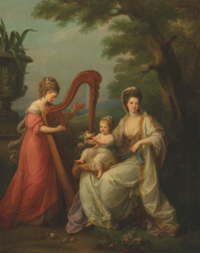 Lady Elizabeth Smith-Stanley, Derby grófnőjének portréja, kisfiával, Edwarddal, a későbbi 13. Derby grófjával és féltestvérével, Lady Augusta Campbell hárfán játszó Lady Augusta Campbell-lel. alkotó: Angelica Kauffmann