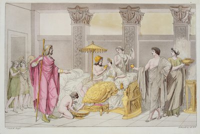 Ulysses és Penelope esküvője, illusztráció a Le Costume Ancien ou Moderne című művéből, Jules Ferrario, metszett A. Biasoli, Milánó 1821 (színes metszet) alkotó: Angelo Monticelli
