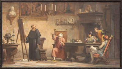 Piero della Francesca diktálja a geometriai szabályokat Luca Paciolinak. alkotó: Angelo Tricca