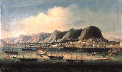 Kilátás Hongkongra, egy Prison Hulkkal és egy evezős gőzhajóval a kikötőben (olaj, vászon) alkotó: Anglo Chinese School