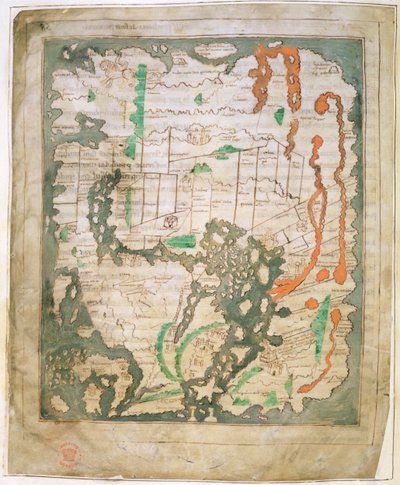 Cott Tib B V 1. rész f.56v Négyszögletű világtérkép, 1030 körül (vellum) alkotó: Anglo Saxon