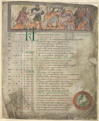 Cotton Tiberius B. V, 1. rész, f.5 Május naptári oldal. Birkák gondozása. Két pásztor a nyájával, az egyik kezében egy szélhámos, és három ülő alak. Gyalog, Kos körben alkotó: Anglo Saxon