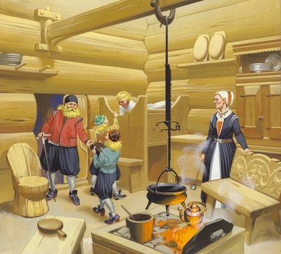 17. századi norvég otthon (gouache, papír) alkotó: Angus McBride